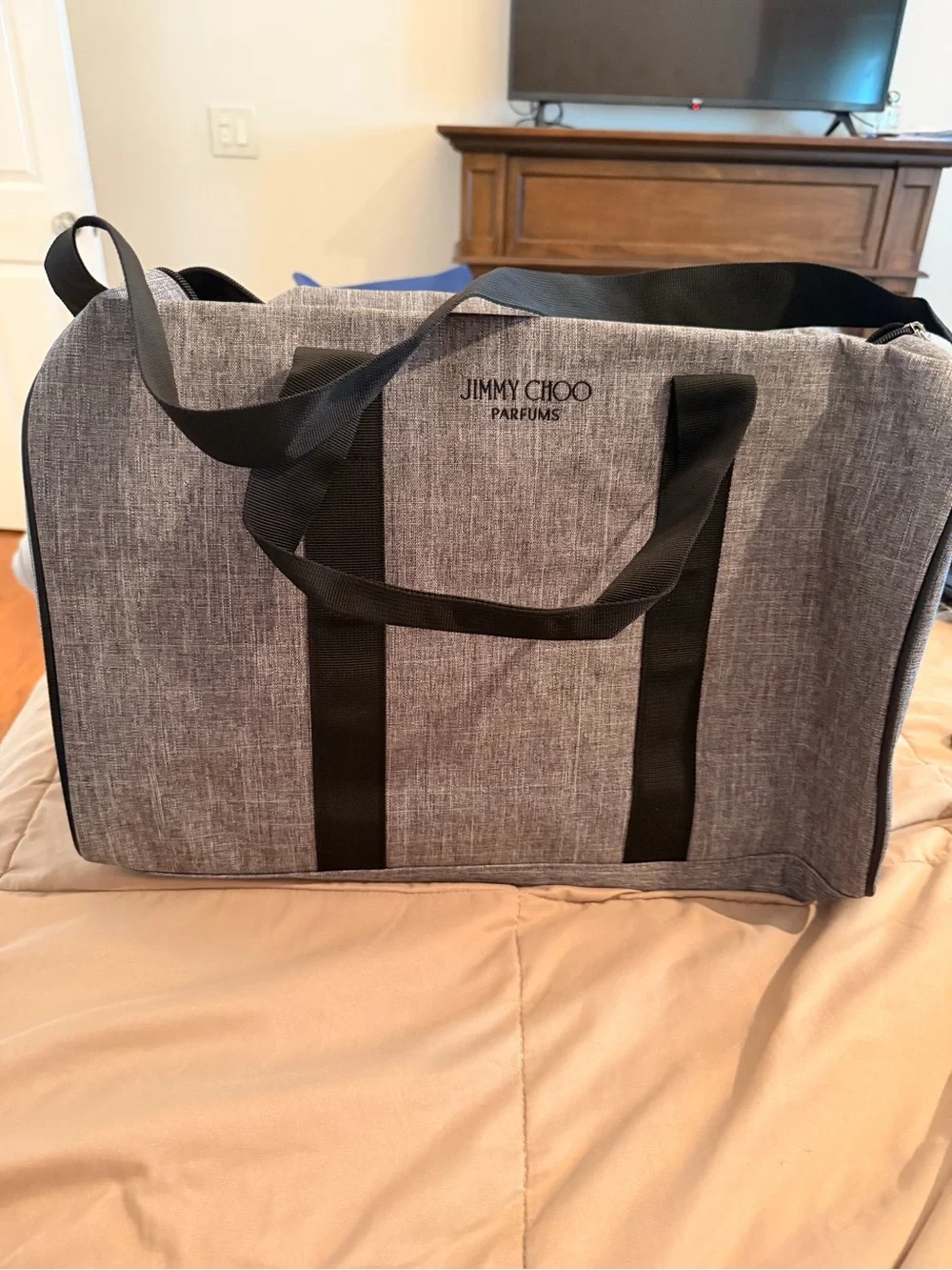 Jimmy Choo Gray Duffel Tote with Black Straps
